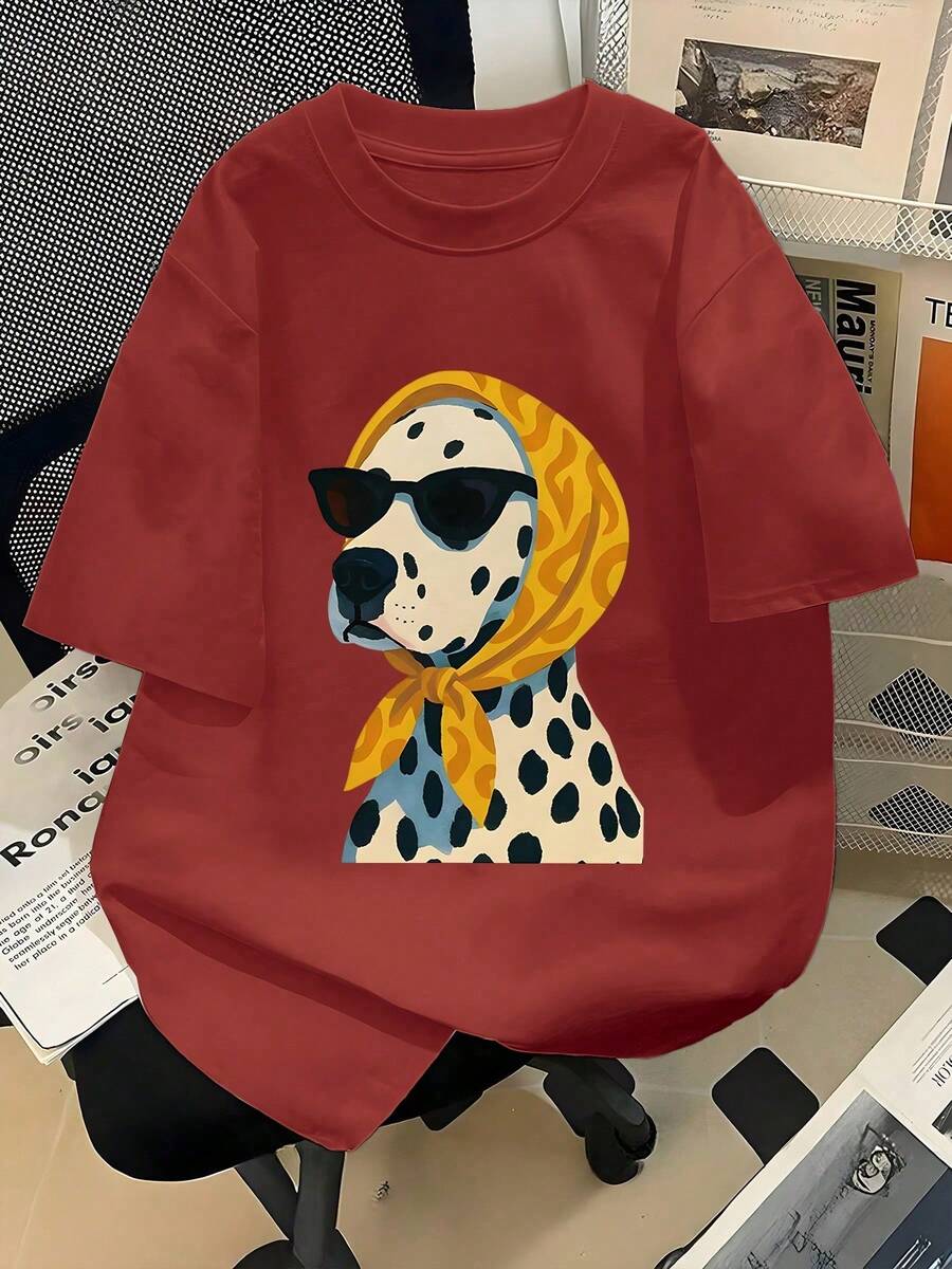 1 Piece Casual Fashion Outfit For Men And Women, New Short Sleeve T-Shirt With Round Neck And Dalmatian Dog Print, Plus Size 2026, Fashion Sunglasses, Suitable For Everyday Wear - 紅色 - 查看 1