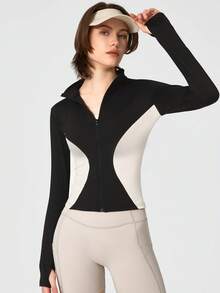 NcmRyu 1pc Women's Small Stand Collar Zipper Yoga Tennis Golf Training Sports Jacket - Black - View 3