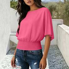Camiseta holgada de color sólido para mujer, cuello redondo fruncido, manga corta, top básico casual, suave y versátil para uso diario. - azul claro - Ver 4