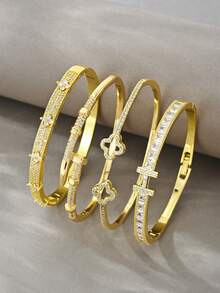 Juego de pulseras doradas, cobre texturizado versátil con incrustaciones de circonita, adecuado para uso diario, reuniones, citas, fiestas, regalos - Dorado - Ver 1
