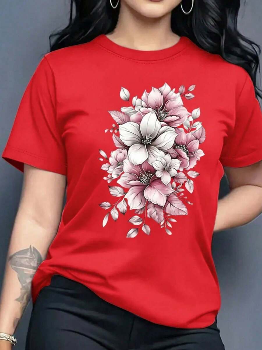 Women's Graphic T-Shirt, Short Sleeve, Round Neck, Basic, Comfortable, Cool, Lightweight, Modern, Youthful, Feminine, Floral Print, Lily, Leaves, 3D - 紅色 - 查看 1