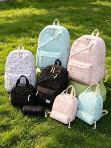 3-Piece Set - Back To School Bow Print Backpack Set, Large Capacity Nylon School Day Bag, With Lunch Bag And Pencil Case, Multi-Pocket Casual Backpack, Lightweight Bookbag, Suitable For Students/Graduates/Young People, Perfect For Back To School/Daily/Shopping/Short Trips And Outdoor Leisure Activities - Multicolor - View 9