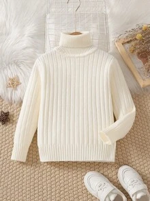 Baby Girl High Neck Knitted Base Layer Top, White Woolen Sweater - Beige - View 1