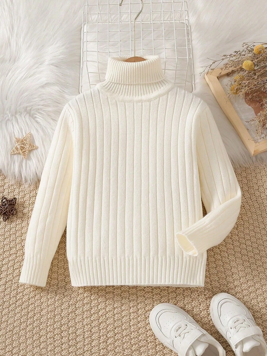 Baby Girl High Neck Knitted Base Layer Top, White Woolen Sweater - Beige - View 1
