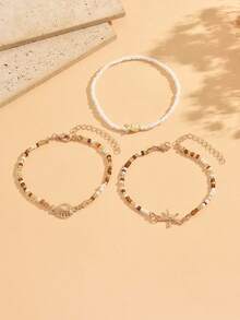 3pcs/Set Vacation Ocean Style Fish Starfish Shell Decor With Brown White Rice Beads Fashion Versatile Anklet Women's Foot Jewelry Suitable For Summer Beach Outings Daily Wear Rice Bead Color And Size Are Random And Not Fixed - Multicolor - View 2