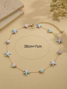 1 pieza Collar de cadena de acero inoxidable con estilo de vacaciones de verano, con estrella de mar degradada y concha, cadena fina de color azul claro y púrpura claro estilo macaron, con cadena de extensión ajustable, joyería de cuello para mujer, adecuado para playa, viajes, uso diario, citas, atuendo minimalista de nicho - Multicolor - Ver 4
