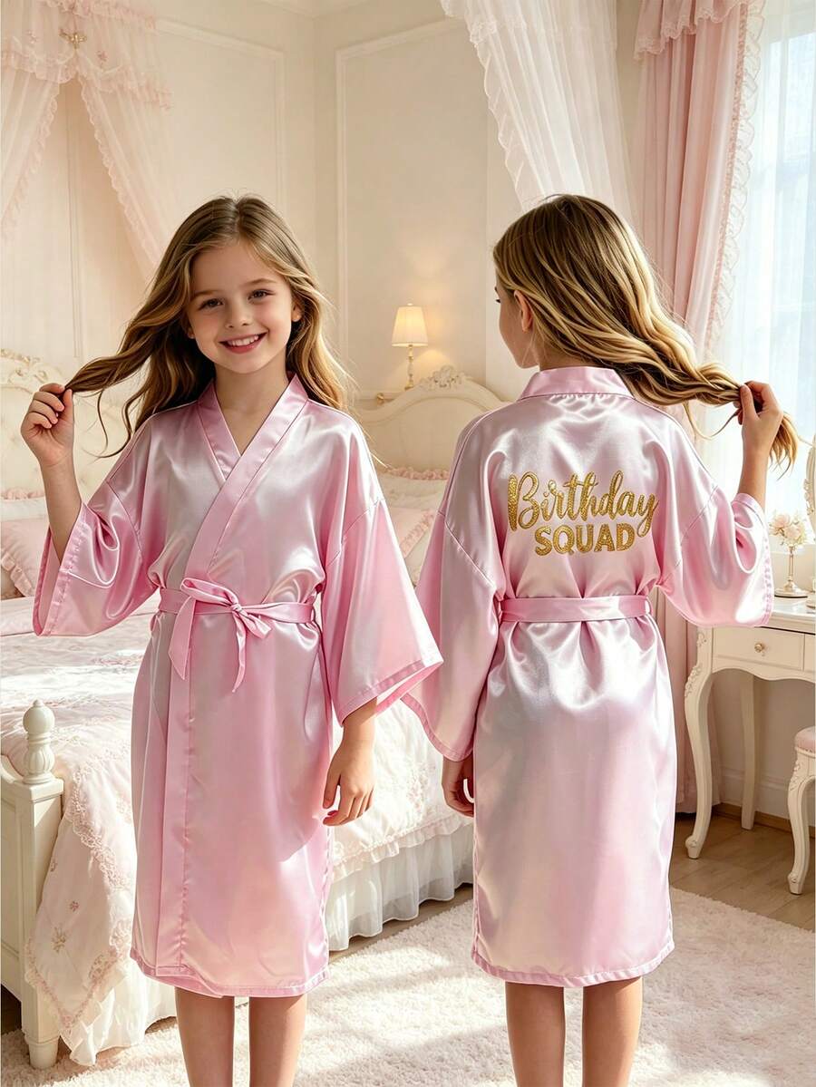 Tween Girl Pink "Birthday Squad" Printed Loose Waist Tie Robe - Multicolor - View 1