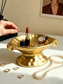 1/2pcs Luxury Dual-Handle High-Foot Storage Tray, Vanity Jewelry Ring Lipstick Organizer Dish, Entryway Desk Key & Miscellaneous Storage Plate, Bedroom Makeup Table Decorative Ornament - Housewarming Gift - Multicolor - View 3