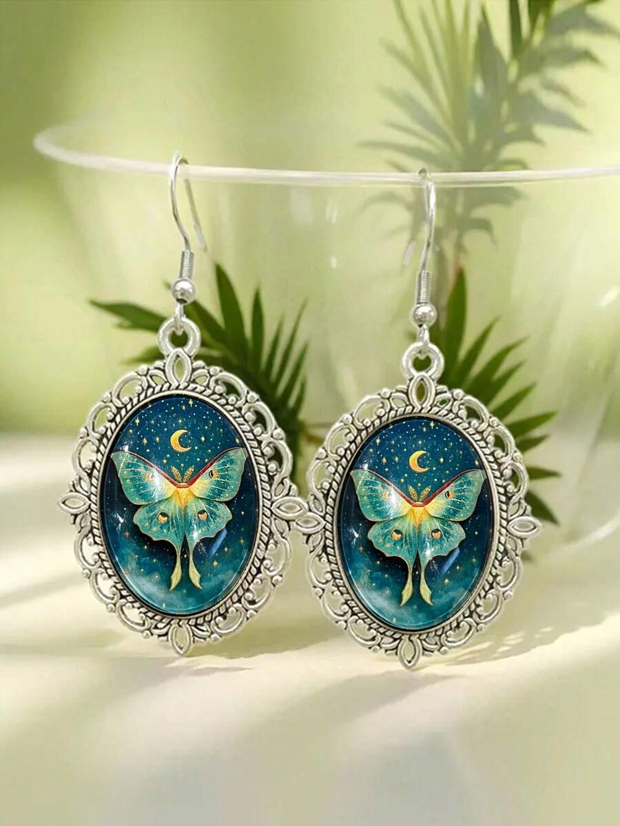 Starry Sky Butterfly Pendant Earrings, Cute Moon Design Enamel Hook Earrings, Bohemian Style Party & Daily Wear Jewelry - Silver - View 1