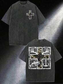 Men's T-Shirt Made Of Pure Cotton, Soft To The Touch, With A Classic Retro Y2K Camouflage Print, Loose Fit, Dropped Shoulders, Short Sleeves, Round Neck, Suitable For Everyday Casual Wear - 黑色 - 查看 1