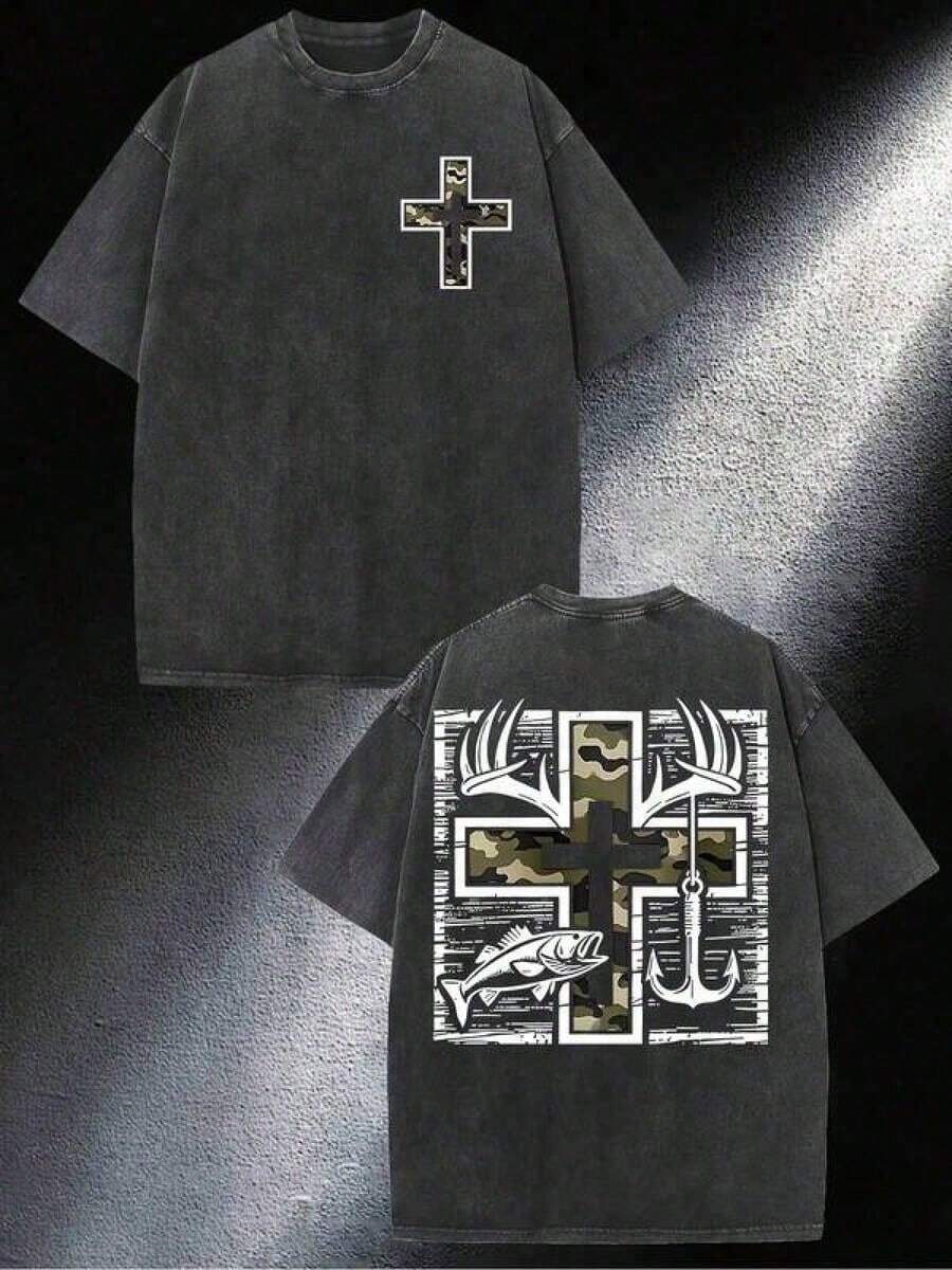 Men's T-Shirt Made Of Pure Cotton, Soft To The Touch, With A Classic Retro Y2K Camouflage Print, Loose Fit, Dropped Shoulders, Short Sleeves, Round Neck, Suitable For Everyday Casual Wear - 黑色 - 查看 1