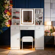 Large LED Mirror Dressing Table 3 Light Modes 2 Cabinets With Stool Vanity Set - Vanity Set Make Up Dressing Table Dresser Desk With Stool With LED Lighted Mirror - Vanity Makeup Desk Large Dressing Table With LED Bulbs Mirror 3 Drawers With Stool - - White - View 2