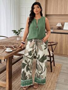 Weeklong Conjunto informal de 2 piezas con estampado floral y decoración de botones para mujer talla grande, primavera/verano - Azul marino - Ver 1