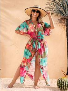 Women's Colorful Floral Print Beach Cover-Up With Tie Waist Vacation Summer - Multicolor - View 3