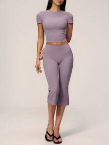 TimeOff Women's One Set Solid Color Round Neck Cropped Waist Short Sleeve Flared Mid-Length Pants Sports Set - Mauve Purple - View 6