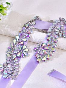 1pc Fairy-Like Light Purple Satin Ribbon Full Rhinestone Waist Belt, Bridal Waist Belt, Women's Waist Belt, Iridescent AB Color Floral Rhinestone Waist Sash - Multicolor - View 3