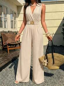 Summer Minimal Women's Wide Leg One Piece Jumpsuit,Gold Buckle Elastic Waist Sleeveless V-Neck For Wedding,Daily,Office,Weekend,Party,Beach,Vacations - Apricot - View 2