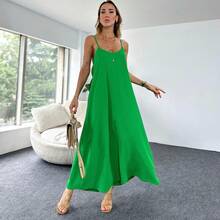 Nuevo vestido casual de moda para mujer, de color sólido y con tirantes largos, para uso transfronterizo. - Verde - Ver 1