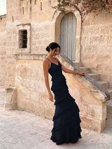 Women's Solid Color Pleated Ruffle Fashion Party Evening Dress Wedding - Navy Blue - View 5