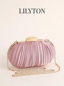 Women's Elegant Exquisite Clutch Box Evening Bag With Pleated Design, Suitable For Weddings, Parties And Balls, Includes Detachable Chain Strap - Pink - View 4