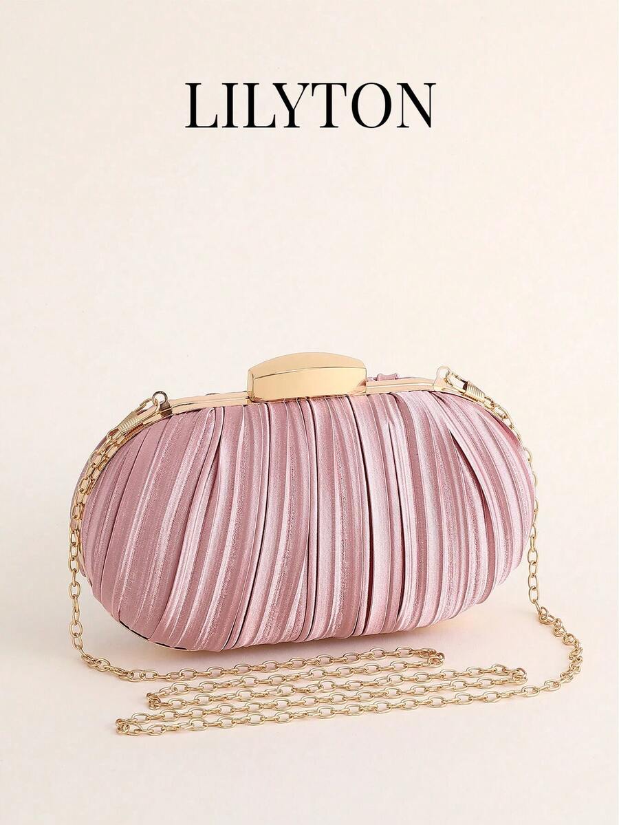 Women's Elegant Exquisite Clutch Box Evening Bag With Pleated Design, Suitable For Weddings, Parties And Balls, Includes Detachable Chain Strap - Pink - View 1