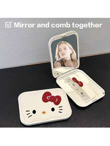SANRIO Official Licensed Hello Kitty 2-In-1 Mirror & Comb Set, Durable Wavy Edge ABS Material, Adjustable Hinge, Anti-Slip Design, Portable, Suitable For Daily Use And Outdoor Travel - A - View 3