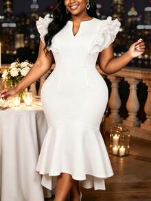 AOMEI Plus Size Women Elegant White Slim Fit Mermaid Dress,V-Neck Short Mesh Layered Ruffle Sleeve,Wedding Guest Gown,Birthday Party Anniversary - White - View 2