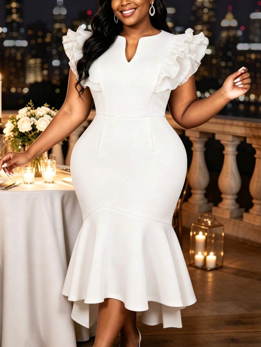 AOMEI Plus Size Women Elegant White Slim Fit Mermaid Dress,V-Neck Short Mesh Layered Ruffle Sleeve,Wedding Guest Gown,Birthday Party Anniversary