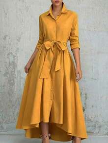 Vestido de línea A con botones frontales y cinturón, de color liso y casual, elegante para la primavera - Amarillo - Ver 1