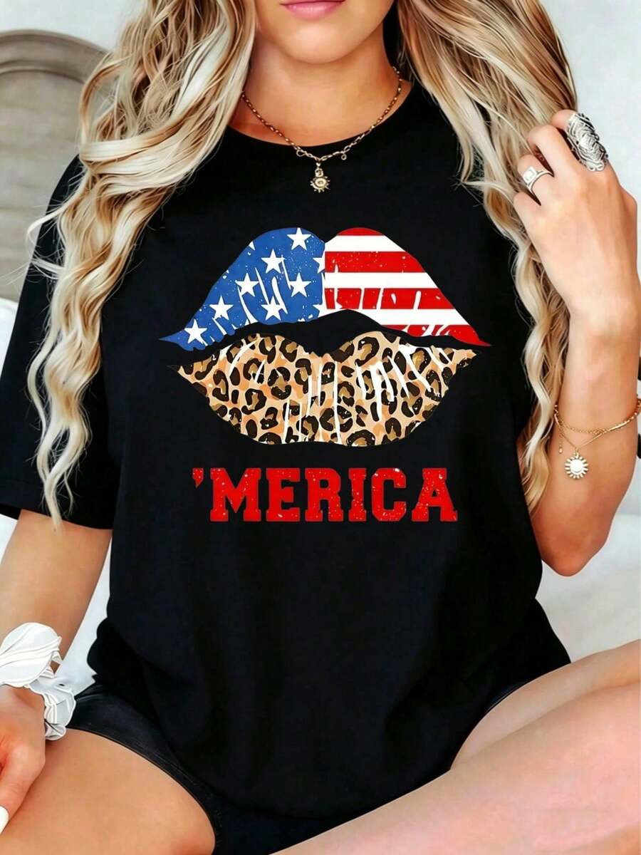 1 pieza de camiseta casual patriótica para mujer con diseño de bandera estadounidense y estampado de labios de leopardo, diseño "Merica", regalo de verano para ella, 180g, 100% algodón. - Negro - Ver 1