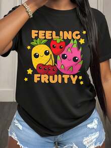 Women's Casual Loose Fit T-Shirt With Kawaii Fruit Print, Pineapple, Strawberry, Dragon Fruit And Cherry Design, Graphic T-Shirt For Everyday Summer Wear - 黑色 - 查看 1