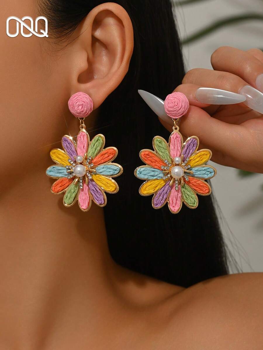1對手工編織拉菲亞花朵珍珠耳環,波希米亞海灘風,多巴胺時尚,優雅向日葵耳環,婚禮季新娘伴娘母親節禮物,適合戀人與朋友,適合作為女性日常穿搭、度假與派對佩戴 - 彩色 - 查看 1