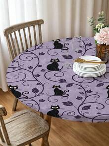 1pc Halloween Cat Milk Silk Polyester Elastic Tablecloth, Purple Washable Dining Tablecloth For Home Dining Room, Living Room, Kitchen Decoration, Suitable For Anniversary, Birthday Gift And Other Occasions - Multicolor - View 2