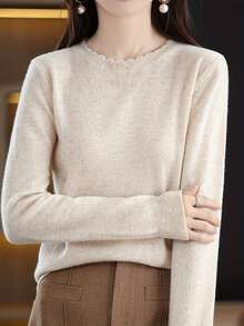 Women's Elegant Solid Color Ruffled Crew Neck Knitwear, Spring & Fall Fashion Casual Versatile Long Sleeve Pullover Base Layer  Ideal For Daily Wear - Apricot - View 5
