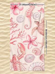 1pc Pink Ocean Creature & Floral Print Beach Towel, Modern Style Fiber Rectangular Travel Home Beach Towel, Suitable For Swimming, Diving, Summer - Multicolor - View 6