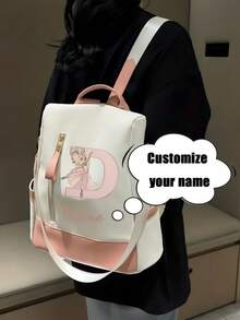 Personalized Custom Name A-Z 26 English Letters Premium Backpack, Fashion Anti-Theft Versatile Large Capacity Travel School Bag, Exquisite Cute Pink Ballet Girl Pattern Fashion Contrast Color Design Lightweight Large Capacity, Perfect For Daily Outings, Work Commute, School - White and Pink - View 5