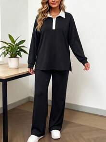 Women's Casual 2 Pieces Set, With Pockets And Button Details, Black Wide Leg Pants And Pullover Top, Medium Stretch Autumn Outfit - Black - View 8
