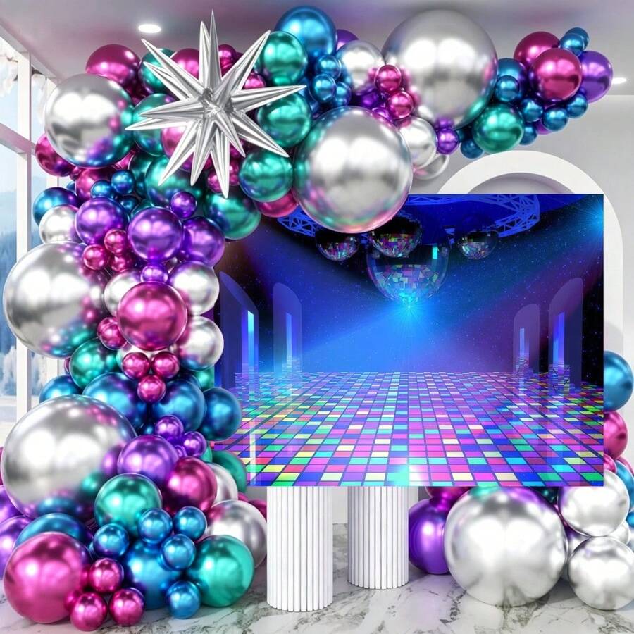 Set de arco de globos con temática disco de 107 piezas, incluye globos de lámina con forma de estrella explosiva y globos de látex en colores plata, púrpura, azul, rosa y verde. Perfecto para fiestas de cumpleaños, decoraciones de bodas, decoraciones de baile de graduación de los 80 y 90, y decoraciones con temática disco. - Ver 1