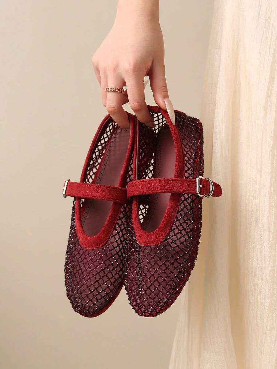 Women's Burgundy Rhinestone Mesh Mary Jane Flats, Buckle Strap Round-Toe Ballet Shoes, Breathable Sparkly Summer Shoes For Party And Vacation - Red - View 1