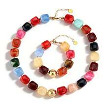 Ensemble collier et bracelet à grosses perles, style bohème, grandes perles carrées en acrylique, collier chaîne épaisse coloré et exagéré à la mode pour femmes (couleur des perles aléatoire) - perle d'espacement - Voir 1