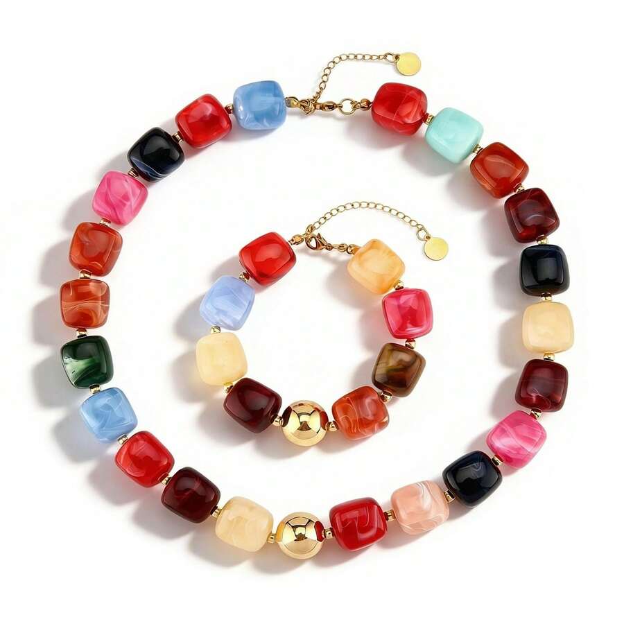 Ensemble collier et bracelet à grosses perles, style bohème, grandes perles carrées en acrylique, collier chaîne épaisse coloré et exagéré à la mode pour femmes (couleur des perles aléatoire) - perle d'espacement - Voir 1