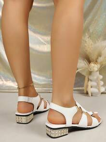 Women's White Roman Hollow Out Sandals, Metal Decor Square Toe Low Heel Sandals, Elastic Back Comfortable Vacation Beach Casual Shoes - White - View 3