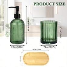 3pcs Army Green Striped Bathroom Set, Including Dispenser Bottles, Rinse Cup, And Tray - Army Green Three-piece Set - View 3