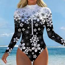 Elegant Floral Print Women's Long Sleeve Zip Up One Piece Swimsuit Black And White Flower Pattern Beachwear Summer Swimwear For Her Gift - Black - View 6