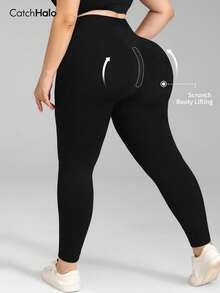Plus Size Women's High Waist Yoga Pants, 4-Way Stretch, Tummy Control, Butt Lifting, Suitable For Workout, Running, Daily Wear Sports Black Fall - Black - View 7