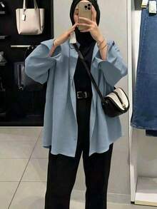 女士休闲纯色长袖衬衫，优雅大方，适合春、秋、冬季穿着。 - 霧霾藍 - 查看 1