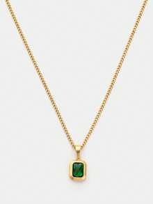 Ashenrae 1pc Vintage Green Square Zirconia & Gold Tone Stainless Steel Necklace For Women, Daily Wear Or Thanksgiving & Christmas Gifts - Yellow Gold - View 6