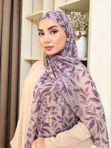 Spring/Summer New Lightweight Faux Pearl Chiffon Scarf With Leaf And Polka Dot Digital Print, Soft And Breathable Modest Headscarf Hijab Scarf Shawls - Multicolor - View 6