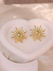 1-5 Pairs Vintage Distressed Sun Pattern Asymmetrical Square Twisted Stud Earrings Set, Luxury Niche Minimalist Commuter Versatile Gold Earring Set For Women's Daily Wear - Gold - View 4
