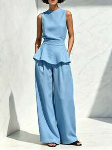 Women's Two-Piece Set: Sleeveless Blouse With Round Neck, Ruffled Hem, Fitted Waist, And Textured Palazzo Pants; Elegant Casual Outfit For Office, Everyday Wear, And Going Out - 天藍色 - 查看 8